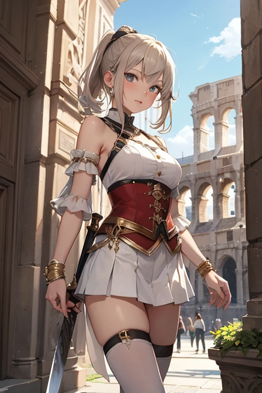 Hentai、High resolution、Colosseum in ancient Rome、Nero Claudius、A chubby gladiator with huge breasts in ancient Roman costume smiles and spreads her legs to show off her sexual appeal、Perfect proportions、Cowboy Shot、Fatty thick legs、Sweaty、Clear eyes