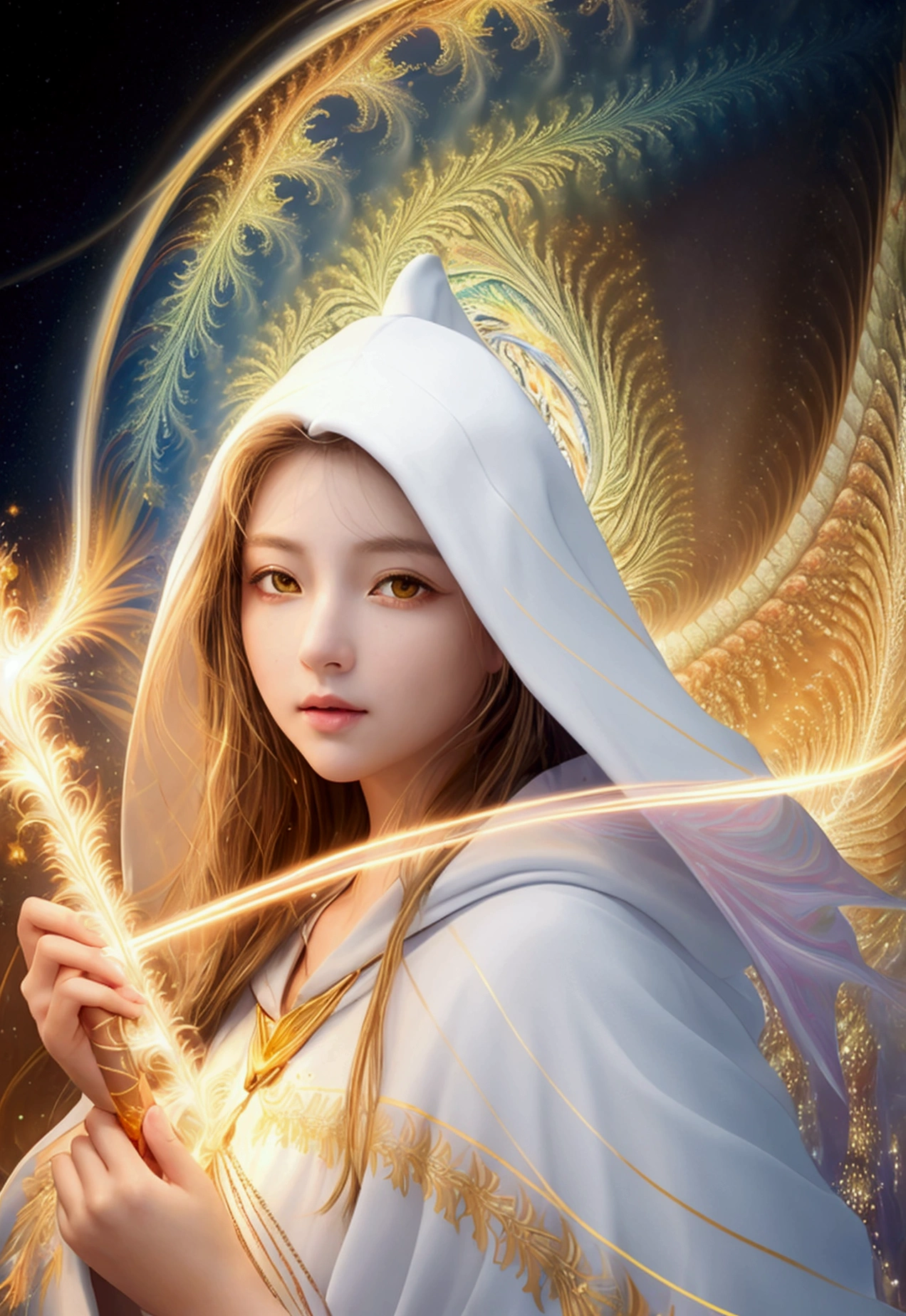 (masterpiece, Highest quality, Highest quality, Official Art, beautifully、aesthetic:1.2), (One girl), Highly detailed eyes, (Fractal Art:1.3), colorful, Most detailed, (Perfect Face), Glowing Skin, High resolution, (White cloak, golden lines:1.2), Milky Way, (Streaks of Light), Impressive visuals, (Dynamic stripes, Light trail:1.2), Vibrant colors, (Phoenix), (Dragon)