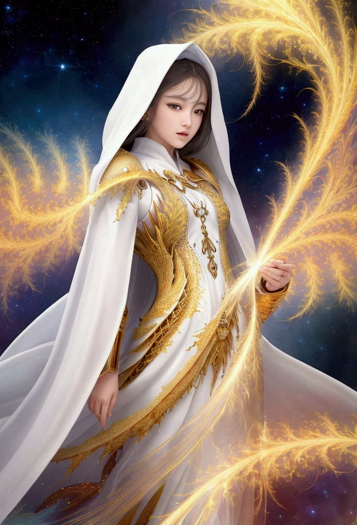(masterpiece, Highest quality, Highest quality, Official Art, beautifully、aesthetic:1.2), (One girl), Highly detailed eyes, (Fractal Art:1.3), colorful, Most detailed, (Perfect Face), Glowing Skin, High resolution, (White cloak, golden lines:1.2), Milky Way, (Streaks of Light), Impressive visuals, (Dynamic stripes, Light trail:1.2), Vibrant colors, (Phoenix), (Dragon)