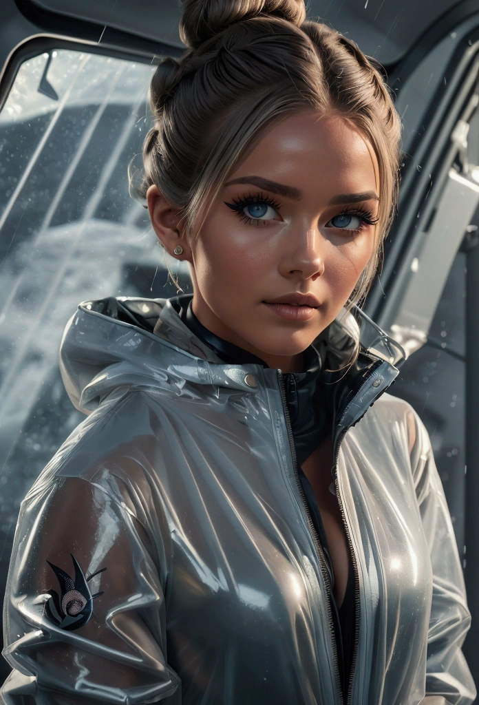 ((High Definition)), ((Whole body)) press photography, ((aviator))((wearing open raincoat and lingerie)), ((Lockheed Vega 5B in the Arctic)), ((charming)), ((hair in bun)), ((looking to the camera)), detailed, detailed pretty face, sharp focus, (detailed and intricate), 4k, Leica 35mm F2.8, Fuji Superia Reala 100