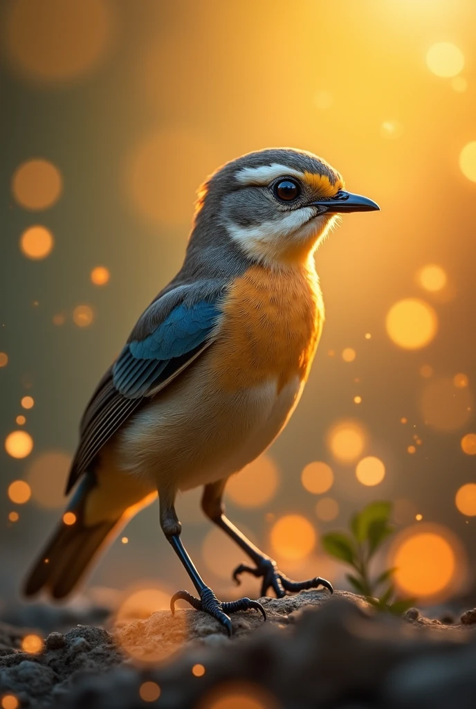 A mesmerizing close-up portrait of a gorgeous little bird illuminated by the soft, golden light of a tranquil morning, with vibrant bokeh balls gently framing its delicate form.
