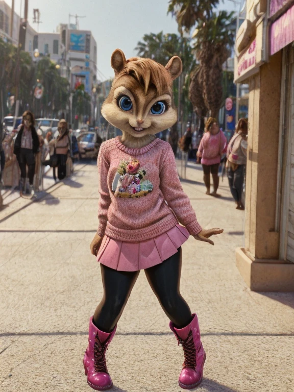 score_9, score_8_up, score_7, score_6, Hollywood Boulevard, brittany miller, chipmunk, furry, short ears, pink sweater, pink skirt, pink skirt, black leggings, pink boots, looking at viewer, 6 inches tall,