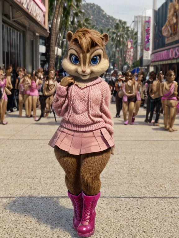 score_9, score_8_up, score_7, score_6, Hollywood Boulevard, brittany miller, chipmunk, furry, short ears, pink sweater, pink skirt, pink skirt, black leggings, pink boots, looking at viewer, 6 inches tall,