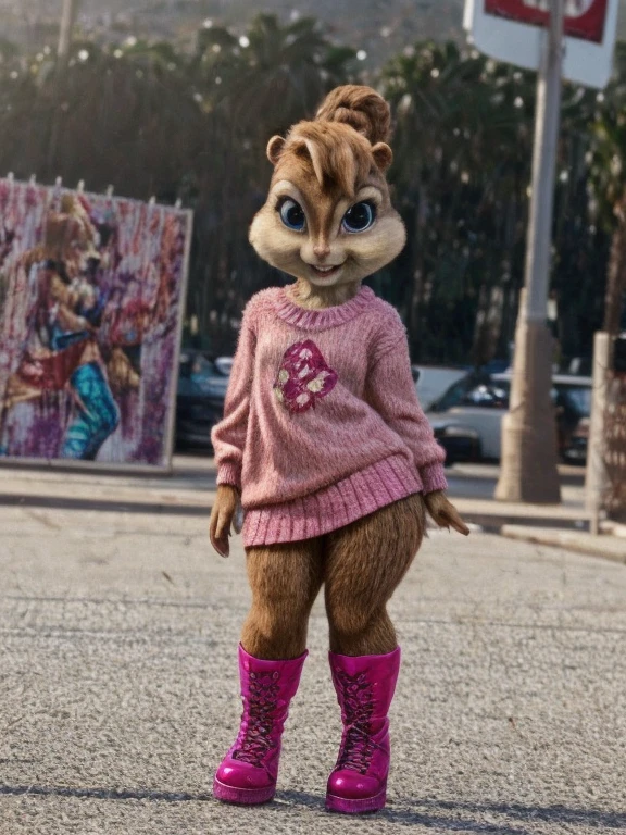 score_9, score_8_up, score_7, score_6, Hollywood Boulevard, brittany miller, chipmunk, furry, short ears, pink sweater, pink skirt, pink skirt, black leggings, pink boots, looking at viewer, 6 inches tall,