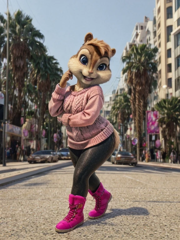 score_9, score_8_up, score_7, score_6, Hollywood Boulevard, brittany miller, chipmunk, furry, short ears, pink sweater, pink skirt, pink skirt, black leggings, pink boots, looking at viewer, 6 inches tall,