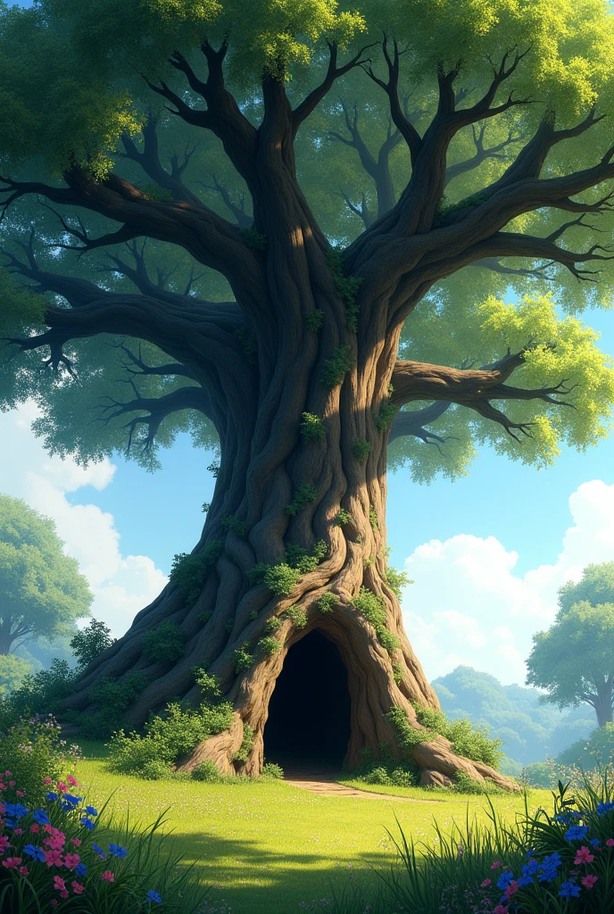 The Big Oak Tree: A towering oak tree with a massive trunk and thick branches spreading wide. At the base of the tree, there is a small burrow entrance, and the surrounding area is filled with lush green grass and colorful wildflowers.