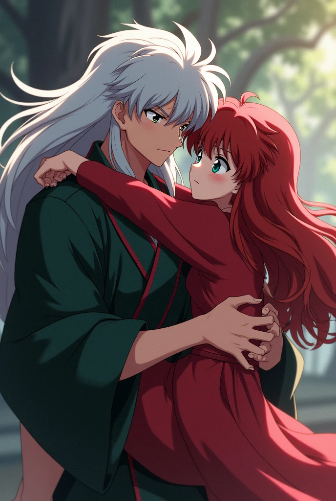 A cute girl with long wavy red hair, with cute blue-green eyes being carried by Inuyasha, that Inuyasha has a serious face and white hair, The girl is his girlfriend and he is protecting her