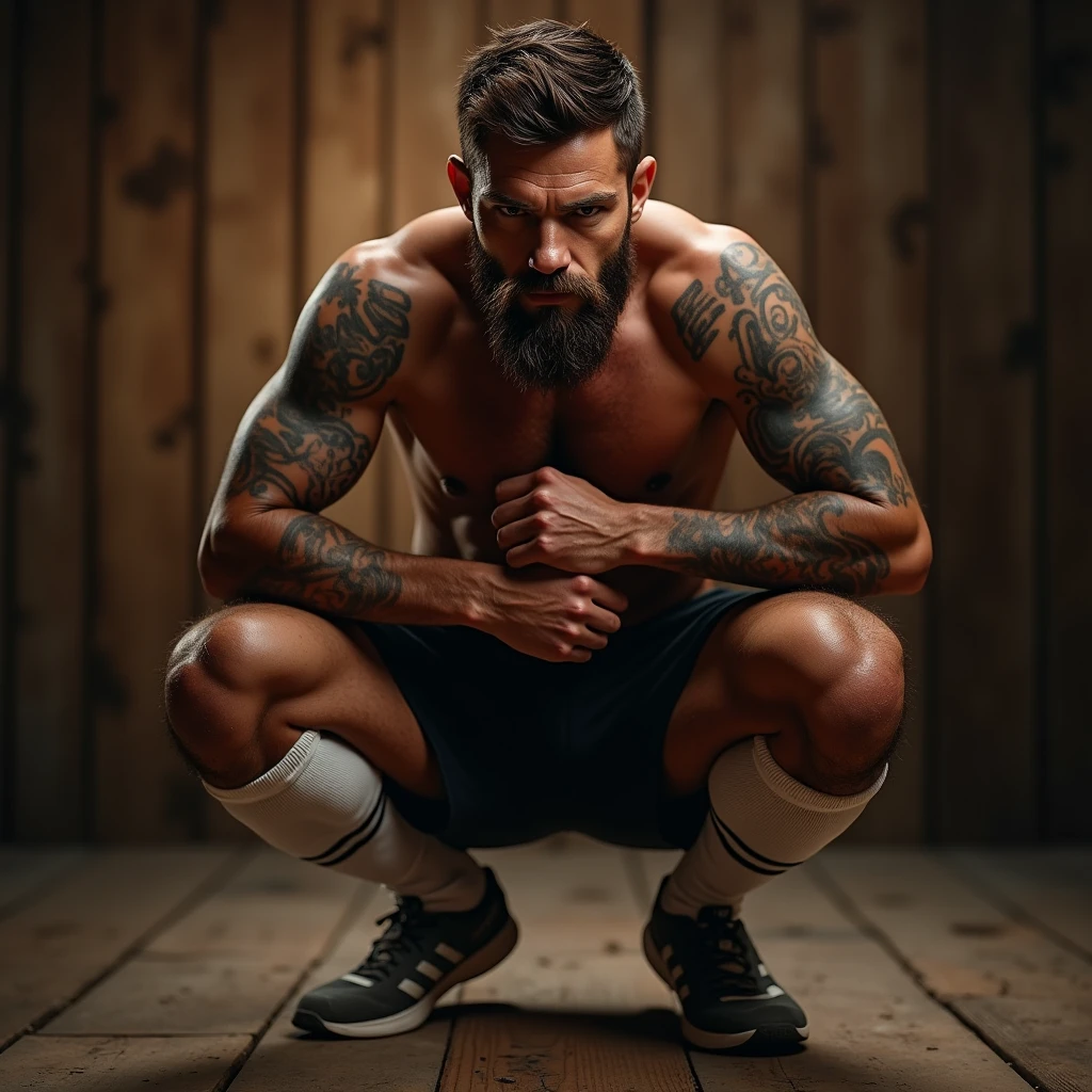 sexy dilf white coach daddy soccer player squatting over the viewer, white socks, adidas socks, dirty socks, beard, indoor lighting, hairy, proportionate body, sport calf high socks, man spread, male focus, squat, short hair, lean body, showing hairy gaping anus, beautiful detailed erect penis, brown hair, full body tattoos, toned body, his hands are behind his back, from below