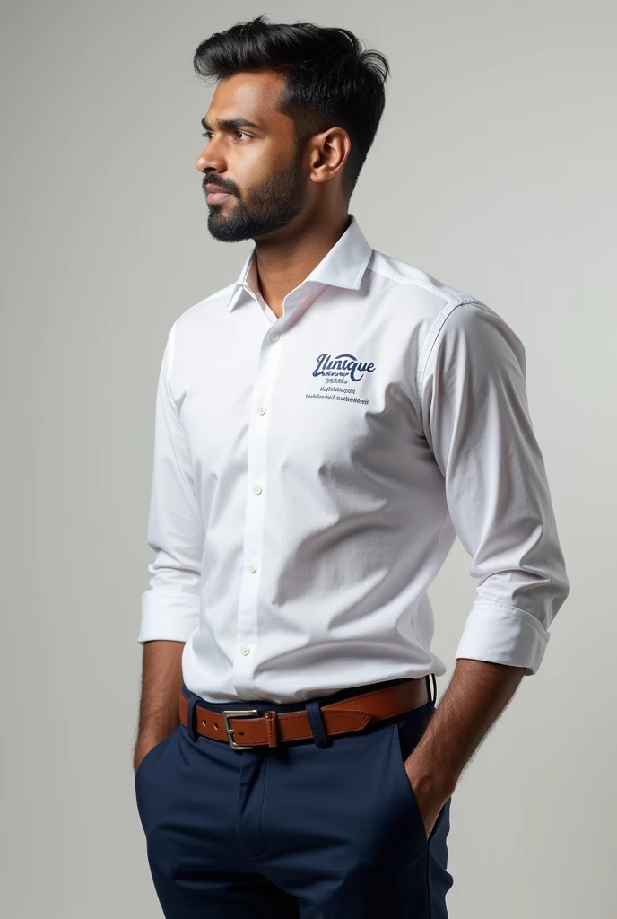 Smart and professional Indian man in sandal colour shirt and dark navy blue colour pant, and left side of the shirt Unique Associates and Consultant in navy blue colour, looking fit and smart full side, I don't want any logo