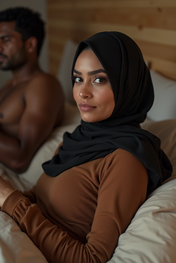 Muslim woman with a big ass fucked by 2black men in the bed
