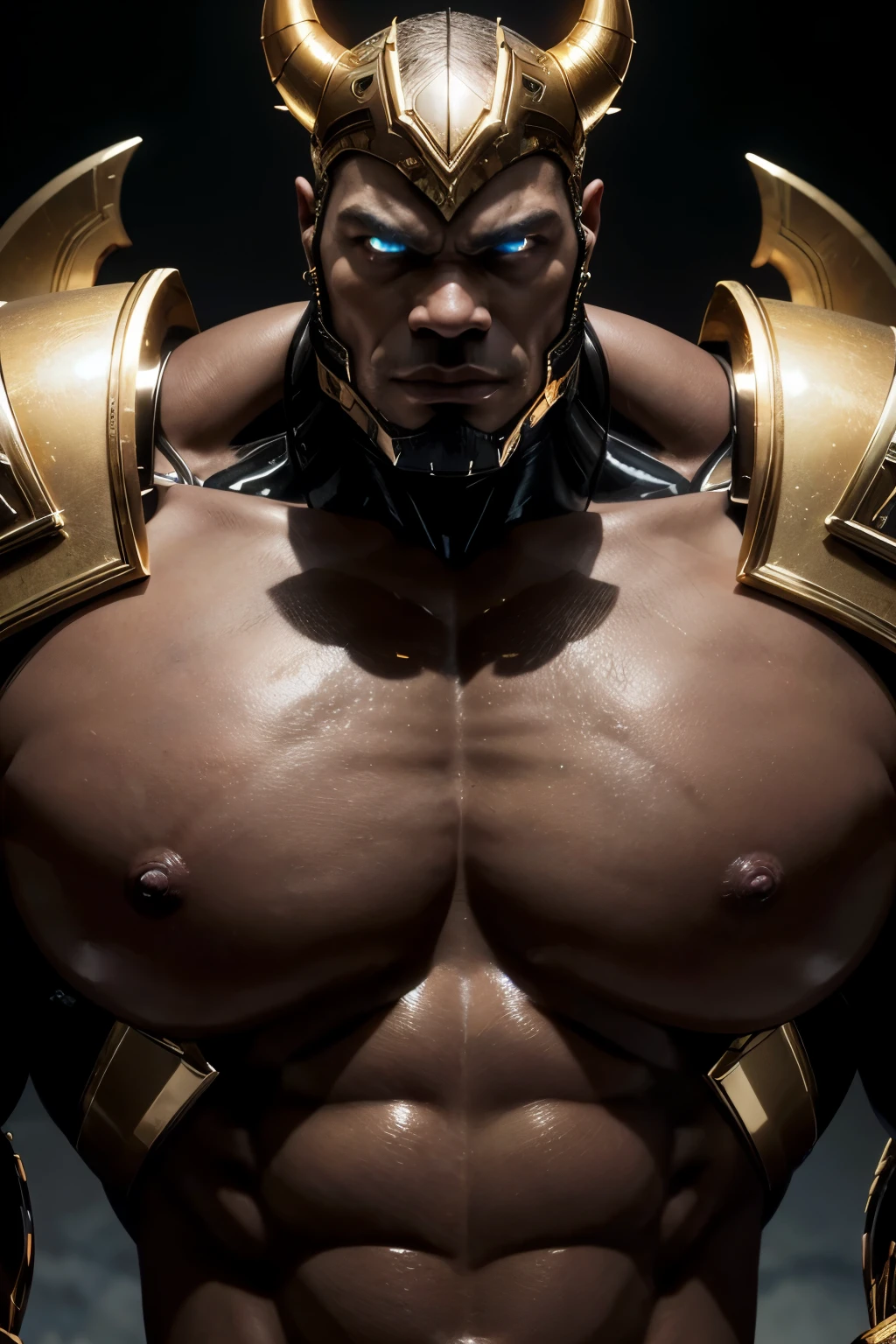 A close-up of a black man with gold and copper armor on his body, muscular male demon, muscular character, dominant face, science fiction armor. muscular, Super polished and cool, inspiration and Rob Liefeld, mtg style, strong and imposing, bodybuilder demon bikini, Demon in mecha style, muscular.