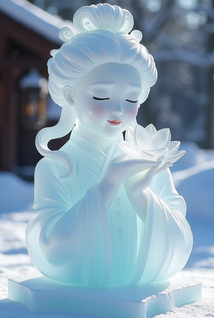 (ice - carving:1.4),Movie Angle,(Fan Bingbing, ice sculpture girl,Anatomically correct,full bodyesbian,Masterpiece ice sculpture camellia,Representative work Hanfu,Smile)