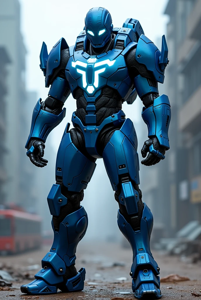 A blue robotic armor with a giant T on the chest as a symbol. Looks like Tek Knight's armor from the comic book "The Boys"