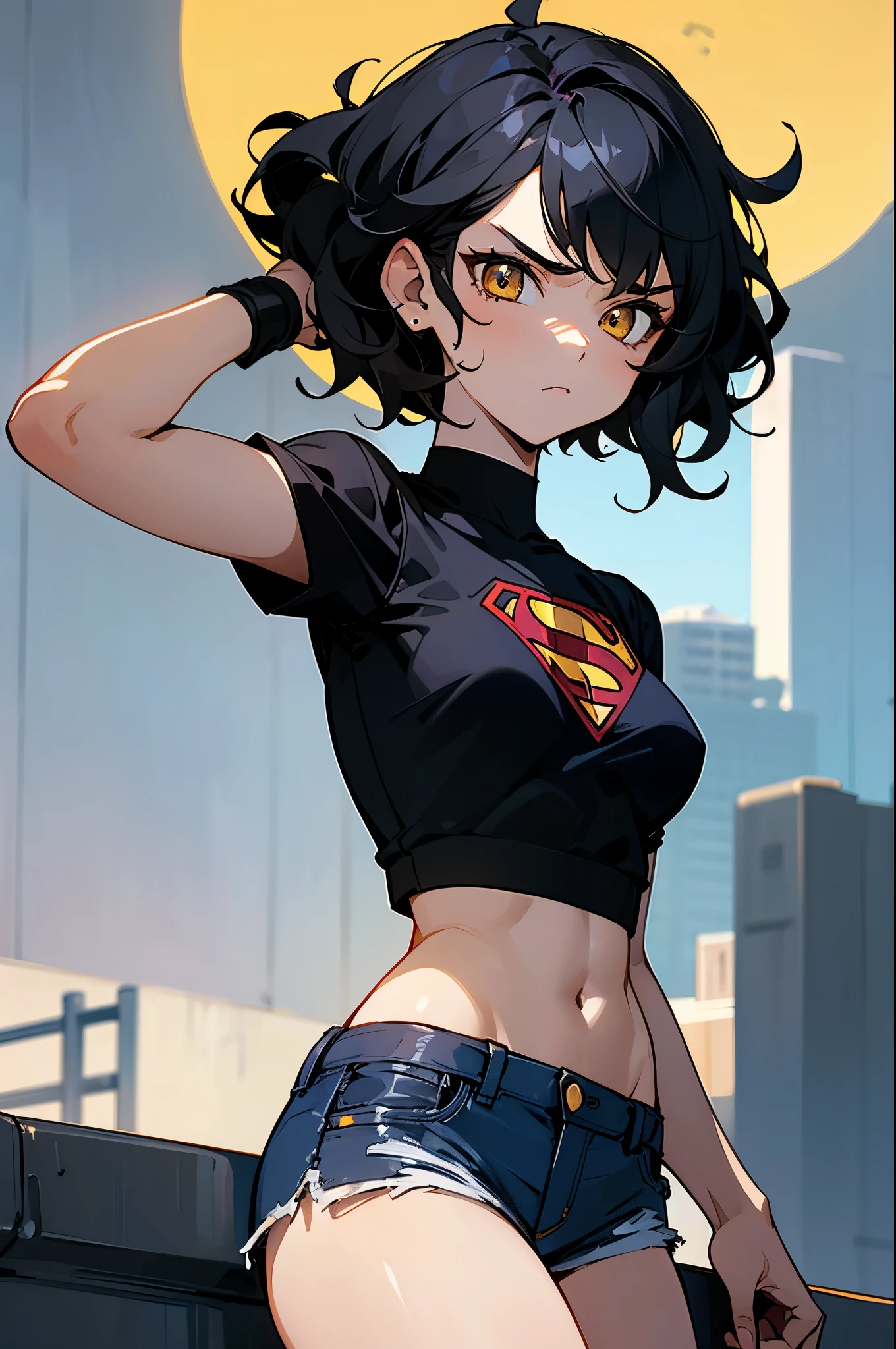 1female , undercut hair , wavy hair ,short hair, black Hair , golden Eyes , lean build ,teen female , Serious Expression , Modern City Background , modern city background, Black T-Shirt Croptop with a Superman S symbol, Short Shorts Shorts , Jean Shorts ,