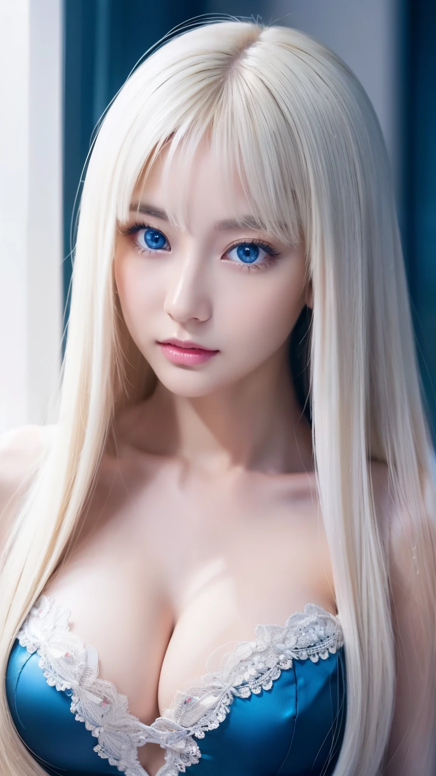 Very beautiful super long straight platinum blonde hair、Beautiful bangs between the eyes、The pieces fly, Highest quality, figure, Extremely detailed, High resolution, 8k wallpaper, Perfect dynamic composition, So beautiful、Large bright light blue eyes with shining detail、Very big eyes, Fitness Wear, Natural color lip,There is cleavage in the chest、Cheek gloss highlighter、White skin、Small Face Beauty、Beautiful girl at 22 years old、Round face