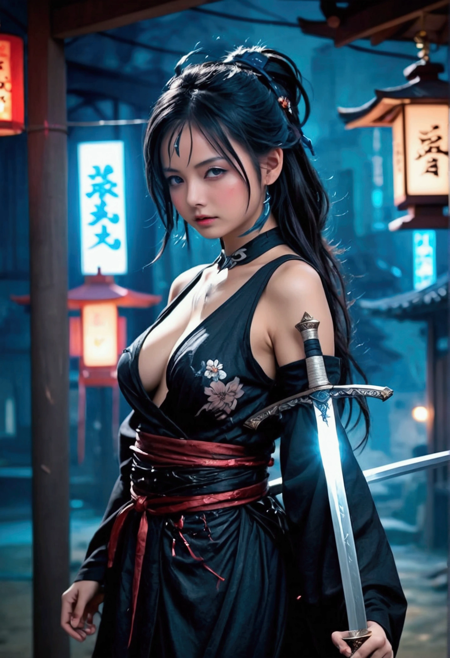 (Japanese sword &reference;Muramasa 2&reference;.2)Beautiful 27 year old woman、Japanese women、Tie your hair back、Hair ornament artist、Shinobi Costume、Warrior、Clear Eyes、{Arm tattoo(SakuraFubuki}&#39;Back Tattoo、Warrior、(Japanese swordを両手で構える、1.3)(Japanese sword1.2)Intermediate position、(Hold the sword sideways)、whole body、Long Blade Sword、Realistic battle scenes、敵Warriorの返りBlood、Blood、High resolution、Highest quality、Very detailed、8k、background、The castle is burning、Sparks fly、