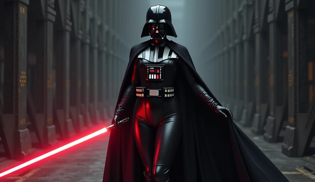 Hello, can you help me create a hyper-realistic female Darth Vader costume, she wears a black latex bodysuit and high heels, use a lightsaber,
like the basic samurai guard, photorealistic, UHD 16K, thanks, photo, cinematic, fashion, product