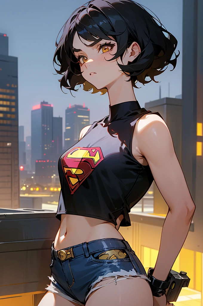 1female , undercut hair , wavy hair ,short hair, black Hair , golden Eyes , lean build ,teen female , Serious Expression , Modern City Background , modern city background, Black T-Shirt Croptop with a Superman S symbol, Short Shorts Shorts , Jean Shorts, freaky frog