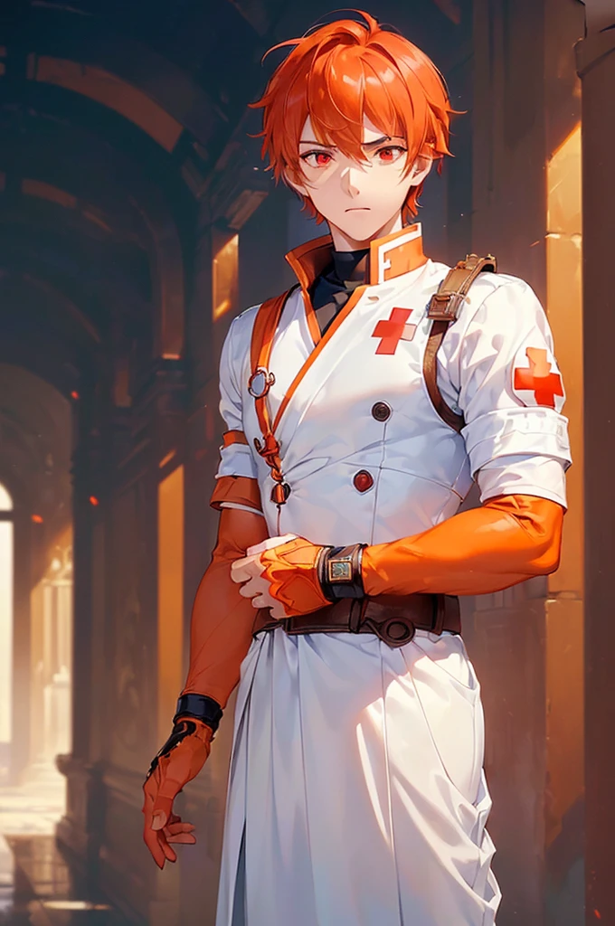 (((masterpiece; best quality: 1.2))), (finely detailed eyes: 1.3), ((1 young man)), ((solo)), (red eyes: 1.4), (body shape; lean, masculine: 1.3), (very short orange hair: 1.3), (beautiful and clear background: 1.2), ((depth of field)), (equipment: fantasy white adventurer medic uniform + armband with red cross: 1.3), (anime illustration: 1.2), (background composition; palace gardens + day: 1.1), (extremely fine and handsome: 1.1), (shot composition; standing + centered on face + close-up: 1.5), (facial expression; calm, stoic: 1.2)