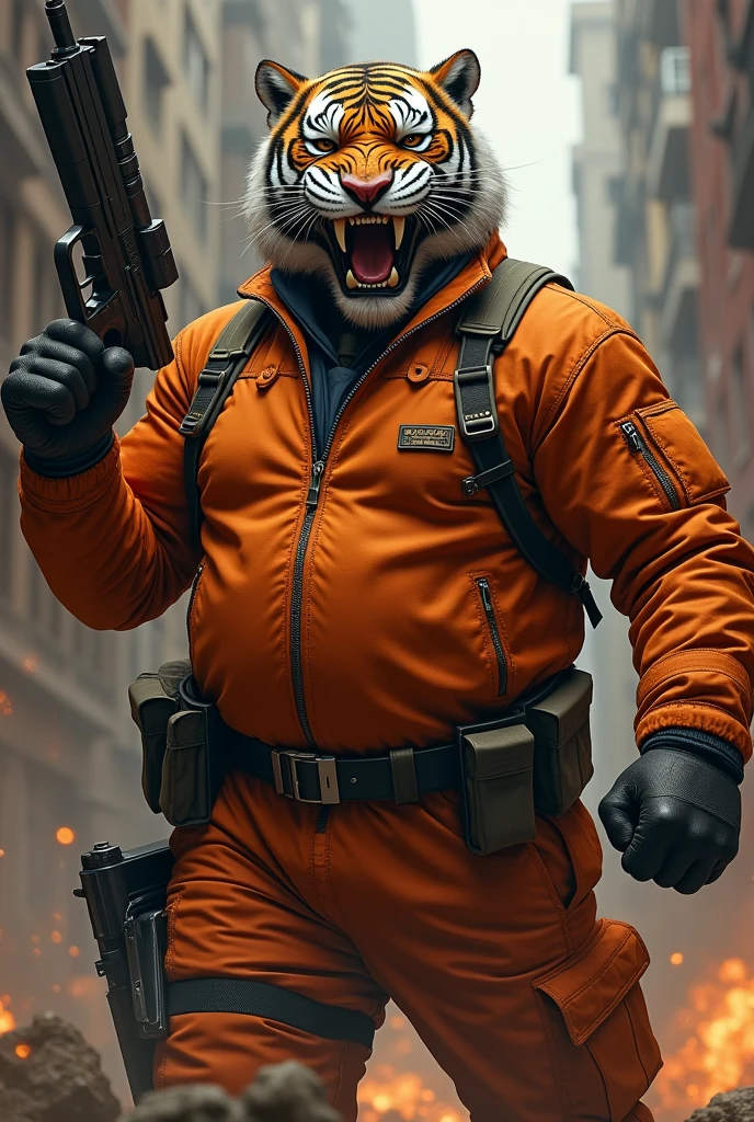 (a dark-skinned fat muscular old man in orange zipper pilot suit) carrying a gun in right hand, (wearing realistic roaring tiger mask), dynamic action pose, fierce expression, showcasing an imposing stature, surrounded by military elements, dramatic shadows and intense highlights, cinematic color tones, high detail, powerful, art influenced by Bruce Onobrakpeya and Stanley Artgerm, ultra-detailed, best quality image, action-packed atmosphere. fighting stance