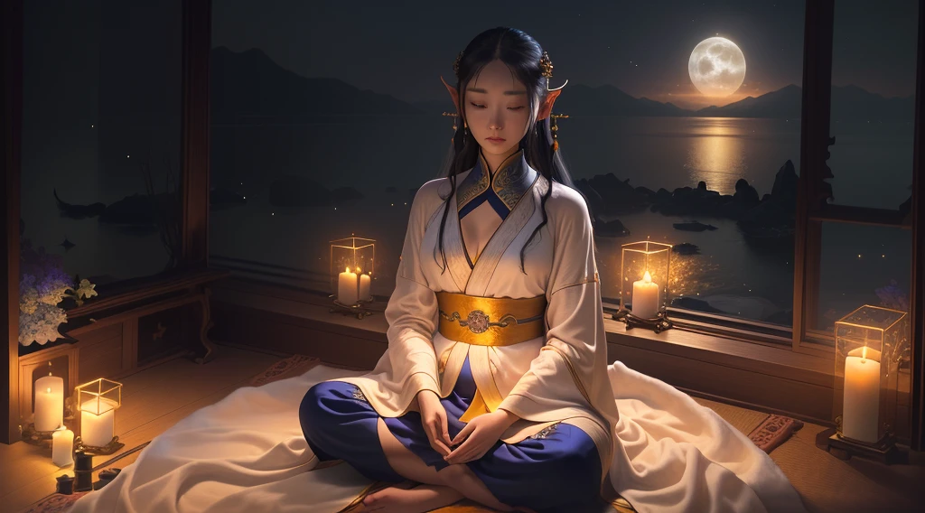 Candles are lit、In a room with a sea view、Woman sitting on a rug, Wearing a long, flowing robe, wearing a simple robe, wearing a simple robe, Wearing a luxurious silk robe, Zazen, Night of the moon and candles, Inspired by Gongkai, To meditation, Inspired by Tang Yin, Queen of the Sea Mu Yanling, elven spirit To meditation in space