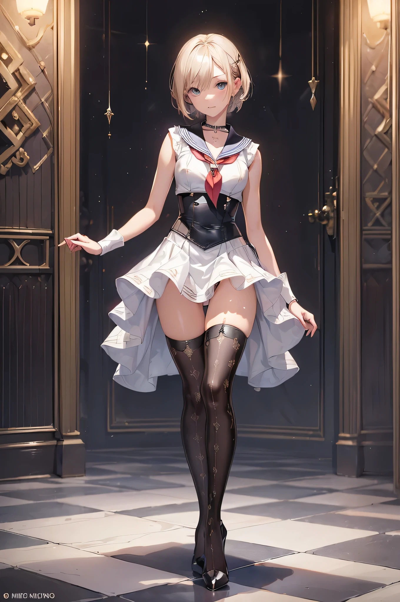 ((Biologically correct limb count)),(( From head to toe,Full-body photo including face)),4K,((Standing position)),masterpiece,((Focus on the face)),((Symmetrical facial features)),Eyes with detailed description,Beautiful woman,Great style,Beautiful arms,Beautiful legs,Beautiful Hands,(Small Ass,Thin thighs),Facial detailing,Small earrings,necklace,(Latex sailor suit,mini skirt((High heels,Patterned stockings))),((Waiting for someone to meet up)),Silk gloves,Realistic photo,Short Hair,Stand at an angle