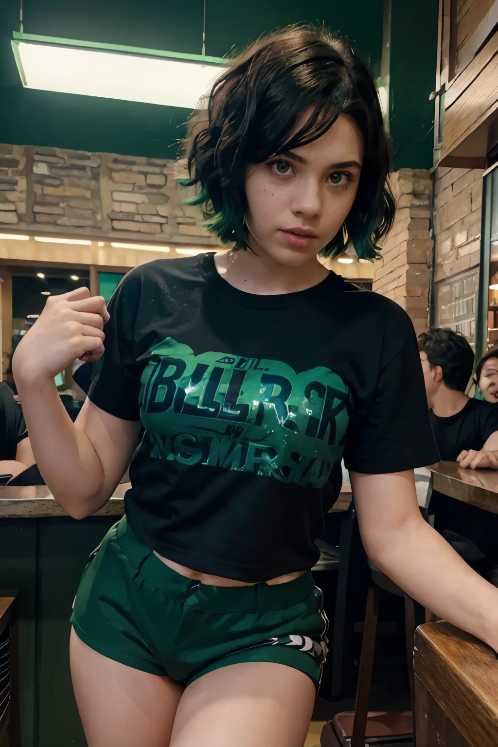 My hero academia Girl with short curly green hair,He has emerald green eyes, has freckles on his face, clear skin ,She is wearing a black t-shirt with dark green shorts and a skirt, She is in a night bar drunk dancing close together with a guy with black hair and a blue shirt