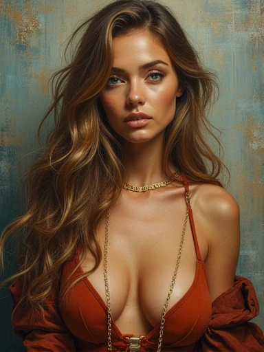 (Masterpiece.uhd.oil paint) medium full shot.(bitcoin). Ultra hot gorgeous European woman. Age 23. Scenery. Large breast (115E) Cleavage.