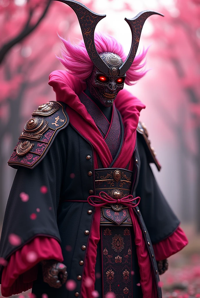 13century、A pink cyborg samurai-like creature wearing a Hannya mask.、Shining eyes、Long coat、(Black and Red)、FW Murano Style, An explosion of vibrant colors, whole body、cherry blossoms、Very detailed, dark, Key Visual, Atmosphere, Attack the enemy、Very realistic, Attention to detail and texture, Ray Tracing