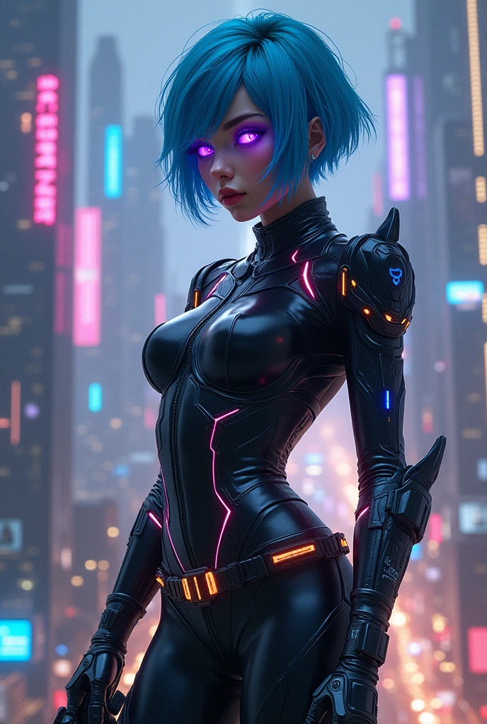 "An androgynous individual with metallic bronze skin, short electric blue hair, and large glowing purple eyes. Wearing a futuristic, tight-fitting black suit with neon accents, complete with high-tech gloves and anti-gravity boots. This character has bioluminescent tattoos glowing beneath their skin. They are standing atop a futuristic skyscraper against the backdrop of a bustling cyberpunk city filled with holograms. Futuristic flying vehicles soar through the sky filled with digital rain. This character stares intently at the camera, exuding an aura of power and determination. They hold a futuristic energy weapon in one hand and are hacking a console with the other."