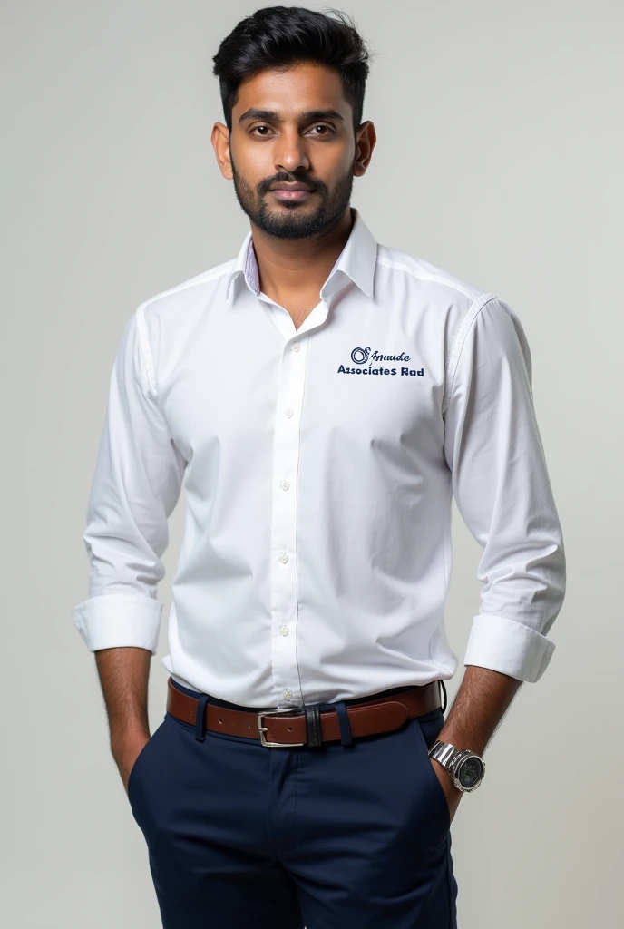 Smart and professional Indian man in sandal colour shirt and dark navy blue colour pant, and left side of the shirt Unique Associates and Consultant in navy blue colour, looking fit and smart I want full size, I don't want any logo