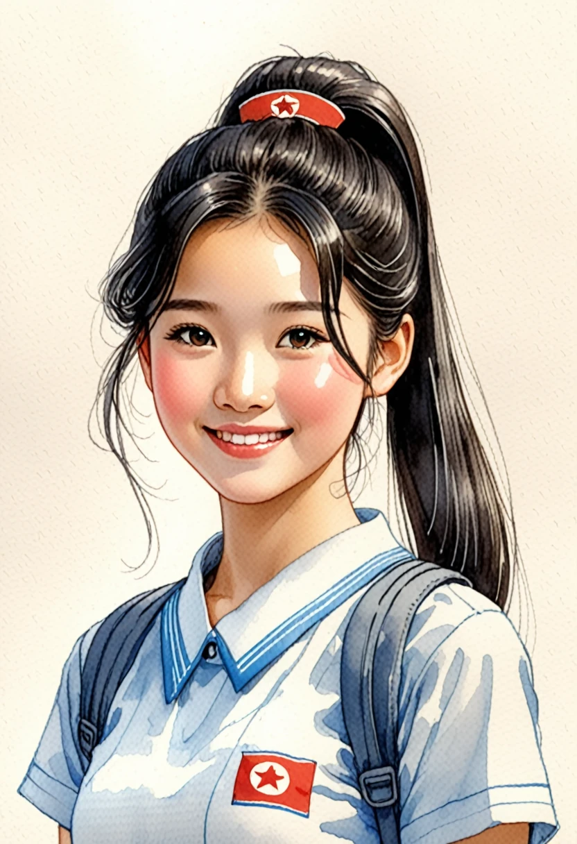 Hand-drawn watercolor illustration, One Girl,north korea、north korea、north koreaの民族衣装、(((Chima chogori)))、Black hair(ponytail、forehead)15 years old, smile,cute, cute, Simple, Pencil line drawing