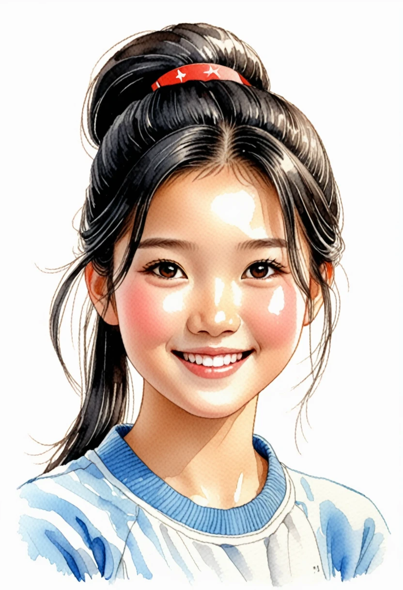 Hand-drawn watercolor illustration, One Girl,north korea、north korea、north koreaの民族衣装、(((Chima chogori)))、Black hair（ponytail、forehead）15 years old, smile,cute, cute, Simple, Pencil line drawing