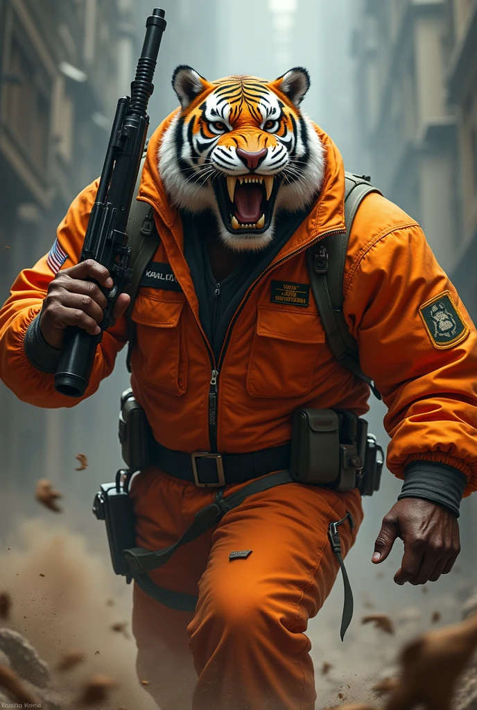 (a dark-skinned fat muscular old man in orange pilot suit) carrying a gun in right hand, (wearing realistic roaring tiger mask), dynamic action pose, fierce expression, showcasing an imposing stature, surrounded by military elements, dramatic shadows and intense highlights, cinematic color tones, high detail, powerful, art influenced by Bruce Onobrakpeya and Stanley Artgerm, ultra-detailed, best quality image, action-packed atmosphere. fighting stance