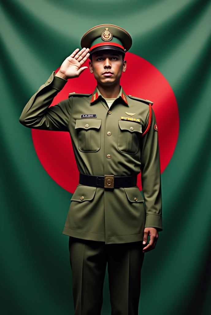 Soldier saluting Bangladesh national flag