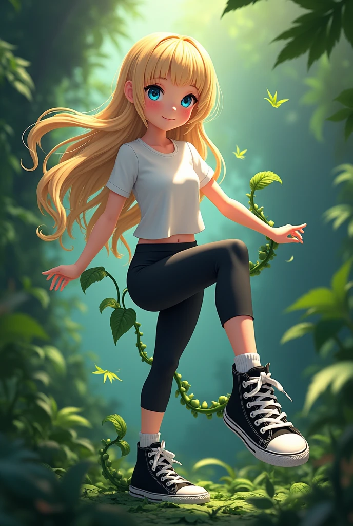 Beautiful anime girl, blonde hair, blue eyes, jungle background, black high top converse shoes, white socks, black leggings, white shirt, vines, kicking towards camera, vine coiled around her shoe. 