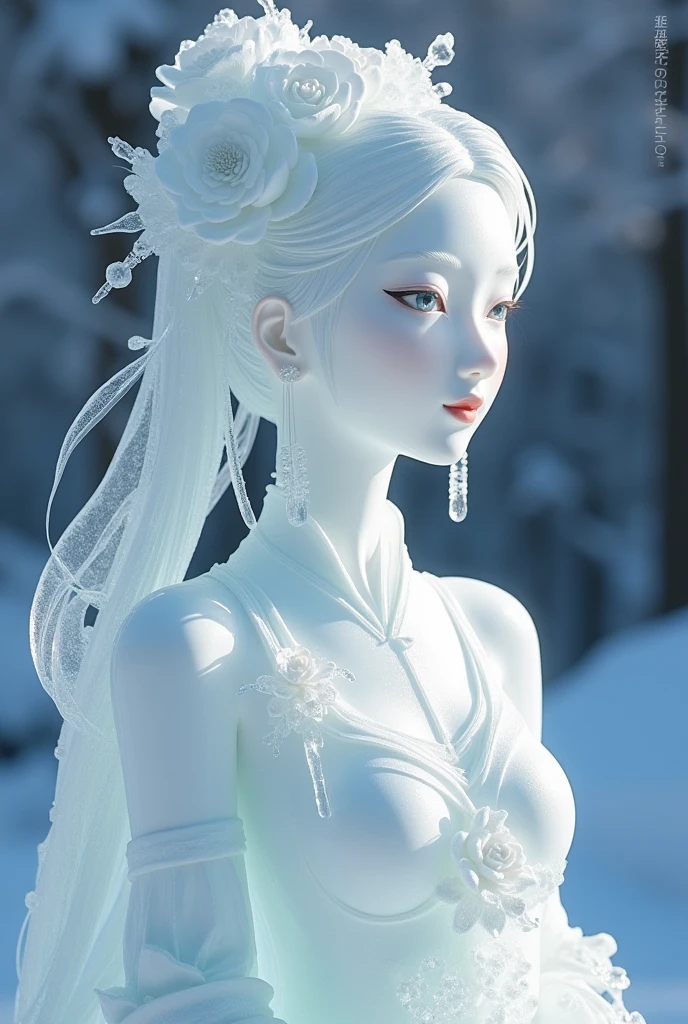 (ice - carving:1.4),Movie Angle,(Fan Bingbing, ice sculpture girl,Anatomically correct,full bodyesbian,Masterpiece ice sculpture camellia,Representative work Hanfu,Smile)