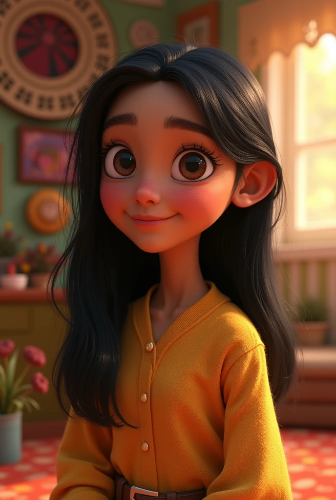 Create a Pixar-style character with long, straight black hair ,woman with light brown skin and small breasts