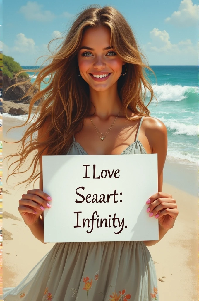 Beautiful girl with wavy long hair, bohemian dress, holding a white board with text "I Love Seaart Infinity" and showing it to the viewer