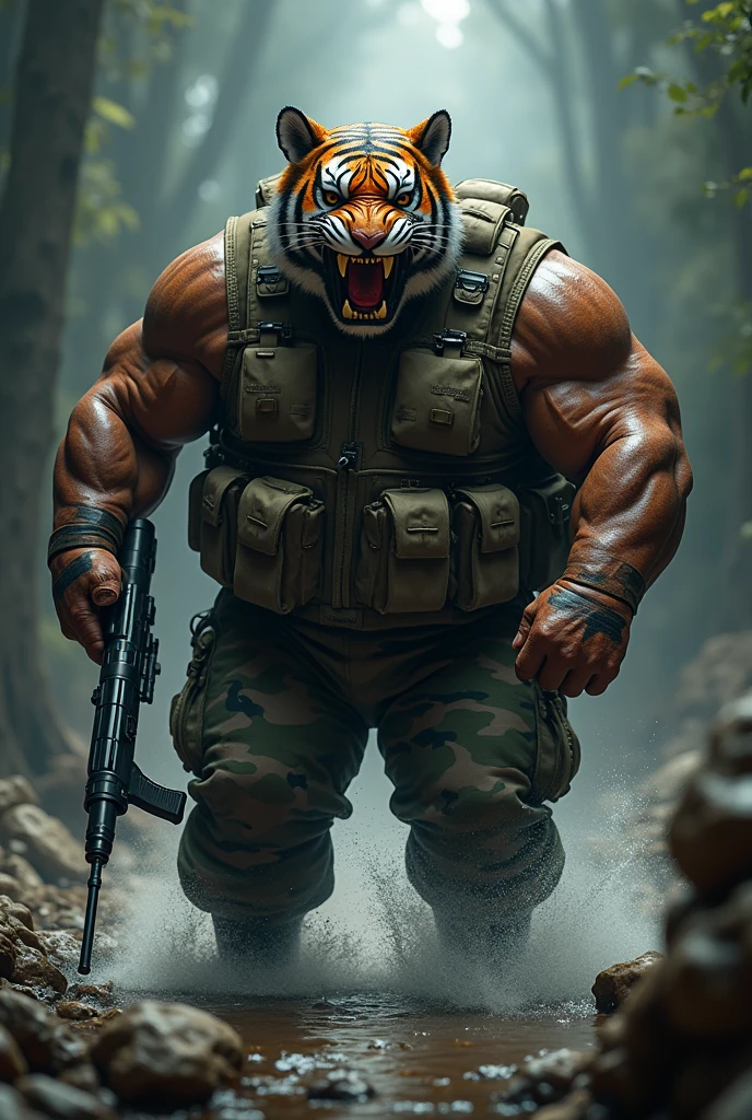 (a dark-skinned fat muscular old man in camouflage wetsuit) carrying a gun in right hand, (wearing realistic roaring tiger mask), dynamic action pose, fierce expression, showcasing an imposing stature, surrounded by military elements, dramatic shadows and intense highlights, cinematic color tones, high detail, powerful, art influenced by Bruce Onobrakpeya and Stanley Artgerm, ultra-detailed, best quality image, action-packed atmosphere. fighting stance