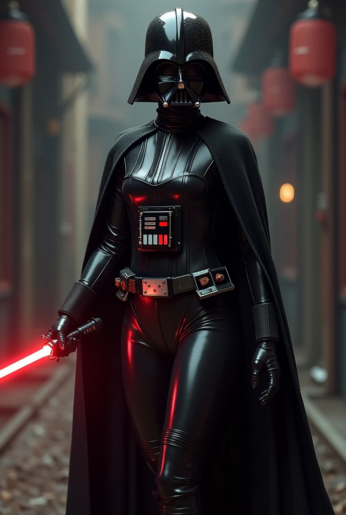 hello, Can you help me create a hyper-realistic female Darth Vader costume??, She is wearing a black latex suit and high heels., uses a lightsaber,
As the basic samurai guard., Photorealistic, uhd 16k, thank you, Photo, cinematographic, fashion, product