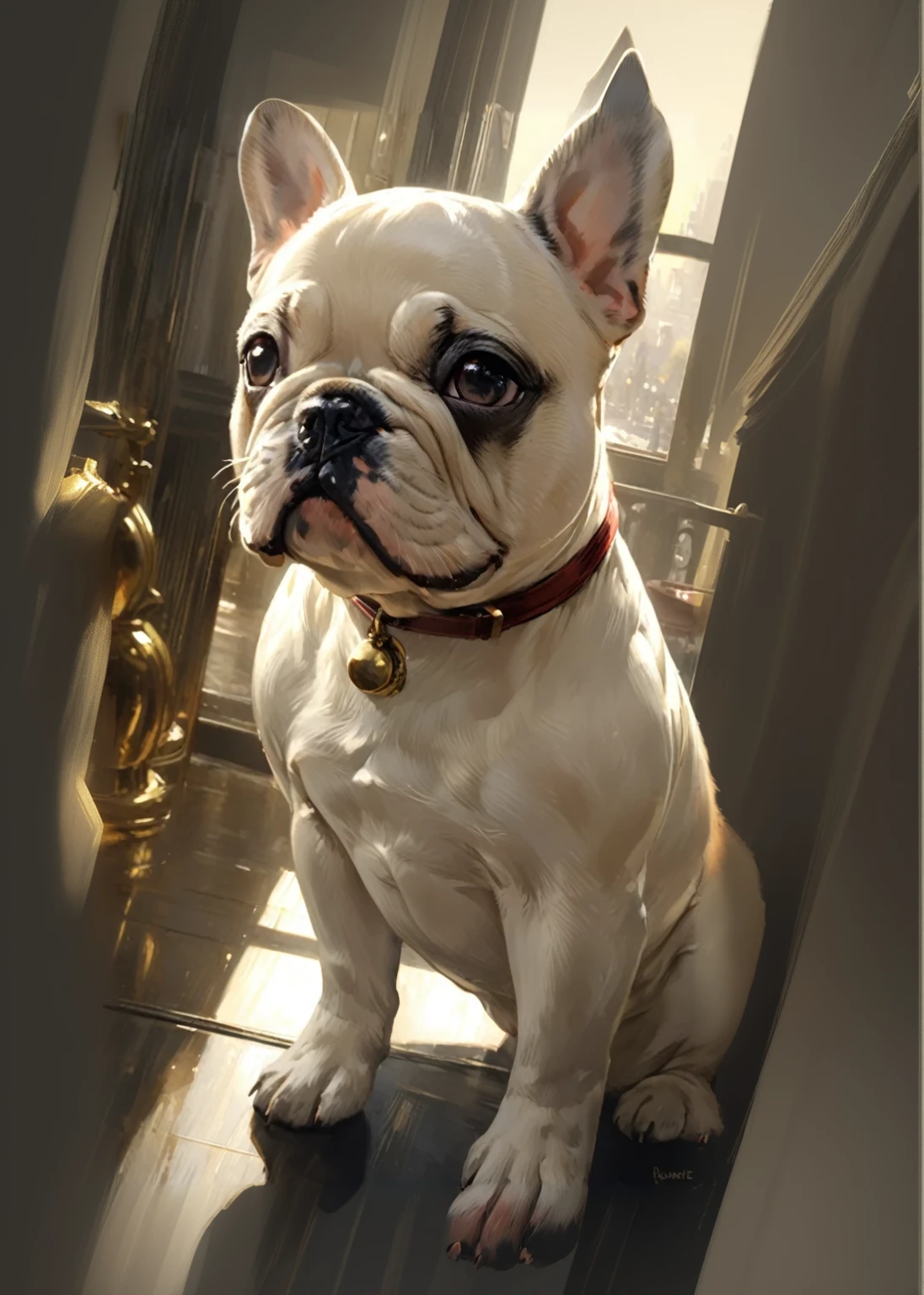 Cute French Bulldog greets viewers, Pierre＝Art by Auguste Renoir and Jeremy Mann, (Viewpoint angle:1.2), Realistic, Ray Tracing, Beautiful lighting,masterpiece