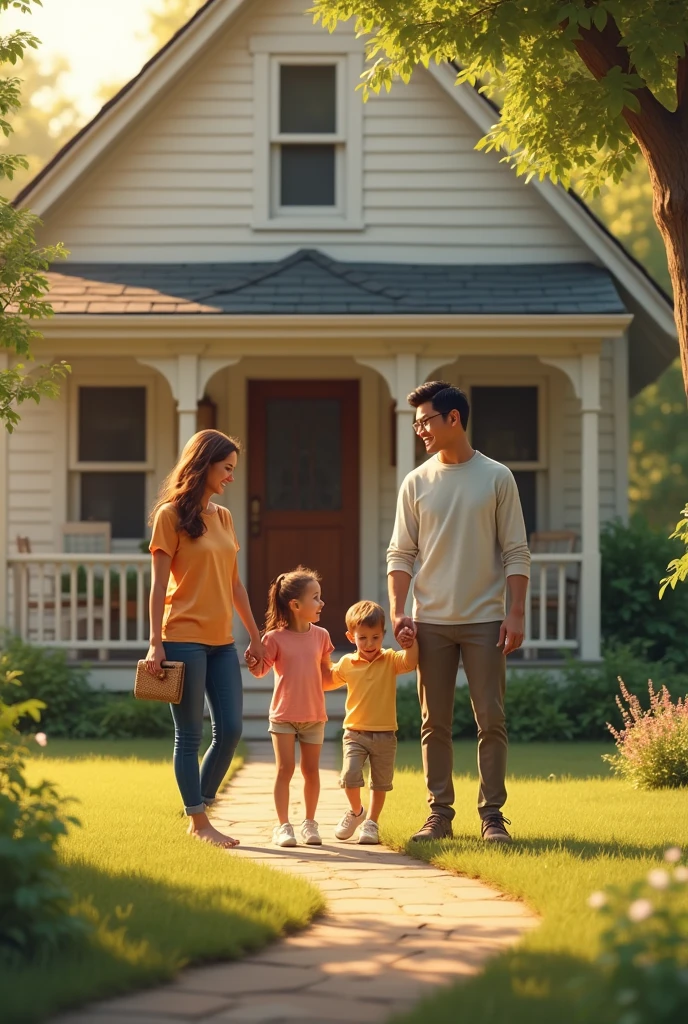 Make a picture of a house in front of the door where there is a family holding hands, then in the yard there was a woman standing looking at the family