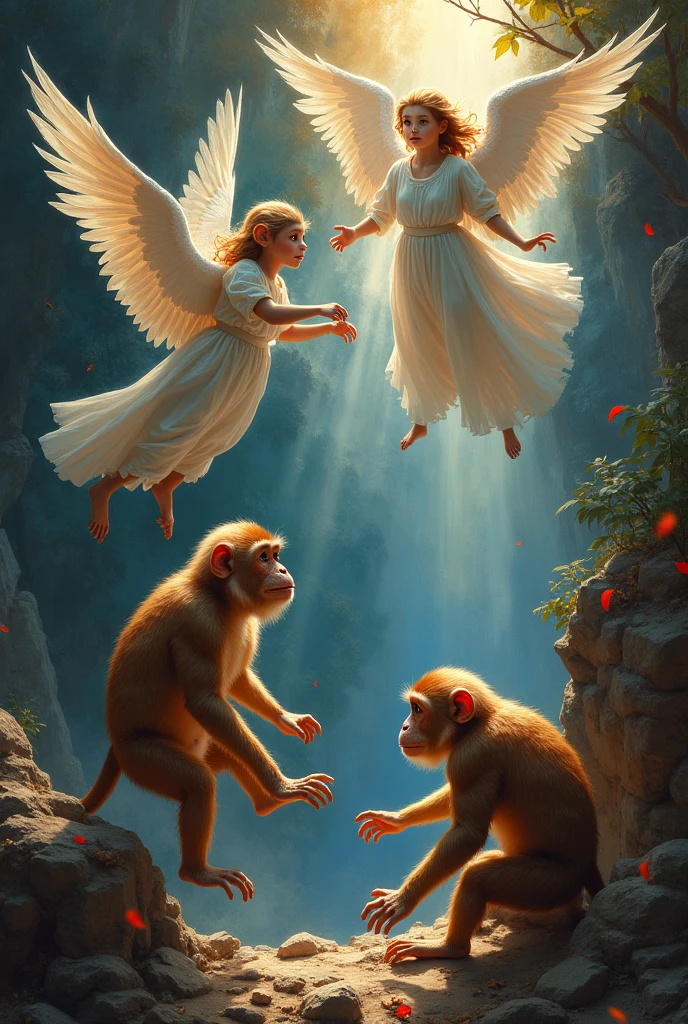 Background of angels and monkeys With brightly colored background With black background