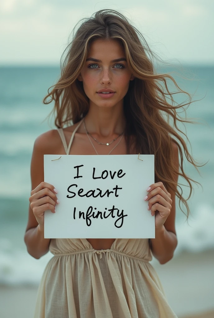 Beautiful girl with wavy long hair, bohemian dress, holding a white board with text "I Love Seaart Infinity" and showing it to the viewe