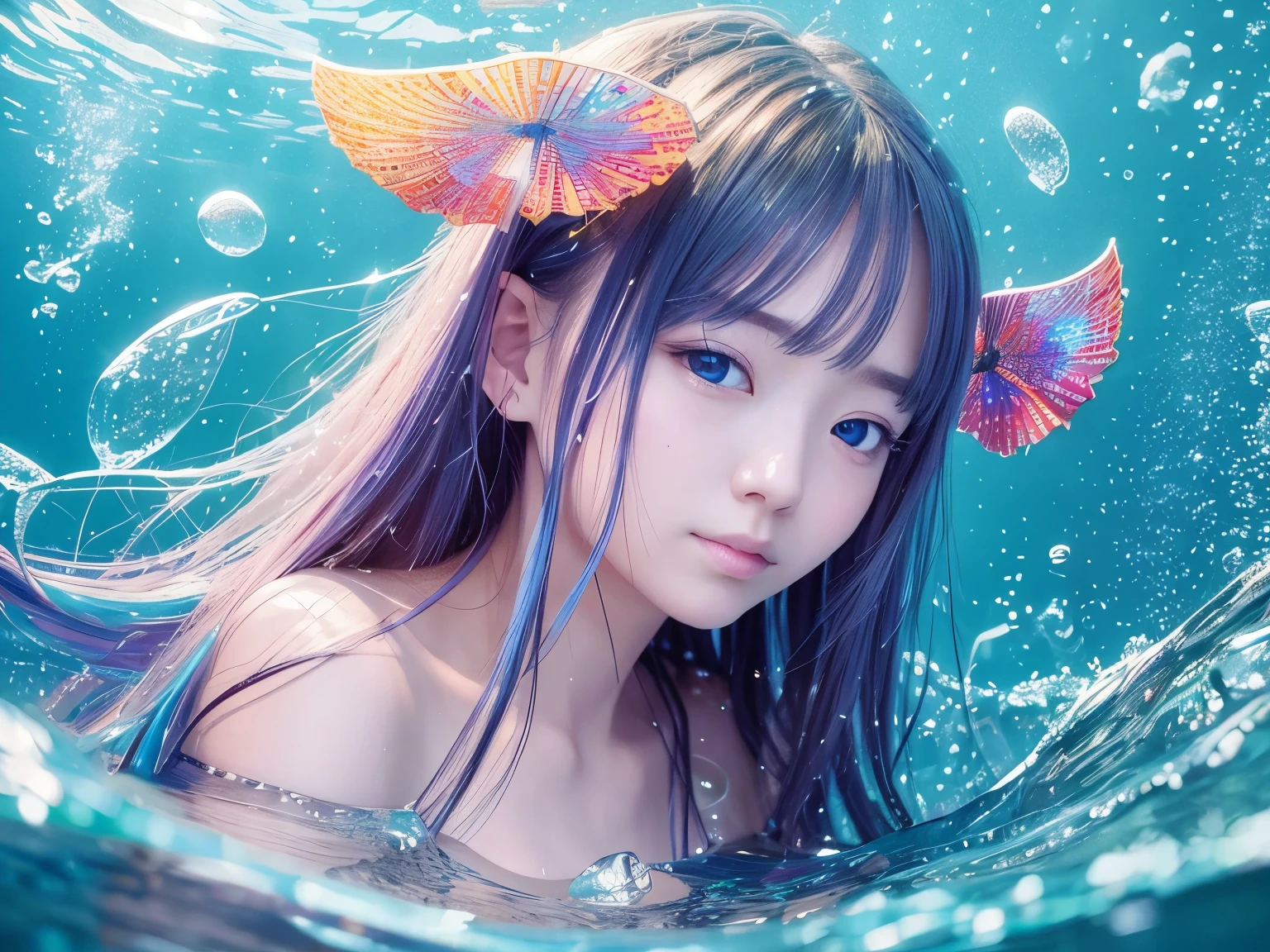 (masterpiece、最high quality:1.3)、(8k resolution)、(超detailedな:1.1)、Delicious food、stop-motion、1 girl、、bikini、Flat Chest、Beautiful Face、Beautiful Psychedelic Entropy PsyAI、Shine、Underwater、jellyfish、Shine:0.3、(detailed:1.2)、Volumetric lighting、(非常にdetailedな)、Bubbling、Realistic、photograph。High resolution、masterpiece、high quality。