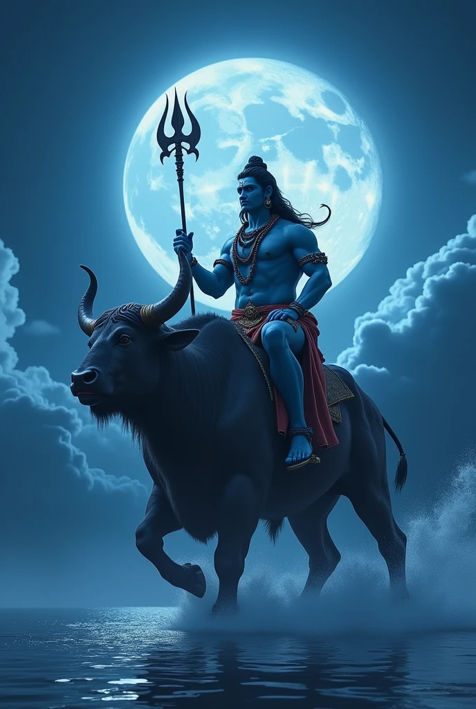 a powerful muscular lord shiva sitting on a giant buffalo nandi, blue tinted night sky with cloudy moon, lord shiva holding trishul, nandi walking on water, fantasy landscape, (best quality,4k,8k,highres,masterpiece:1.2),ultra-detailed,(realistic,photorealistic,photo-realistic:1.37),dramatic lighting,cinematic composition,intricate details,vibrant colors,mystical atmosphere