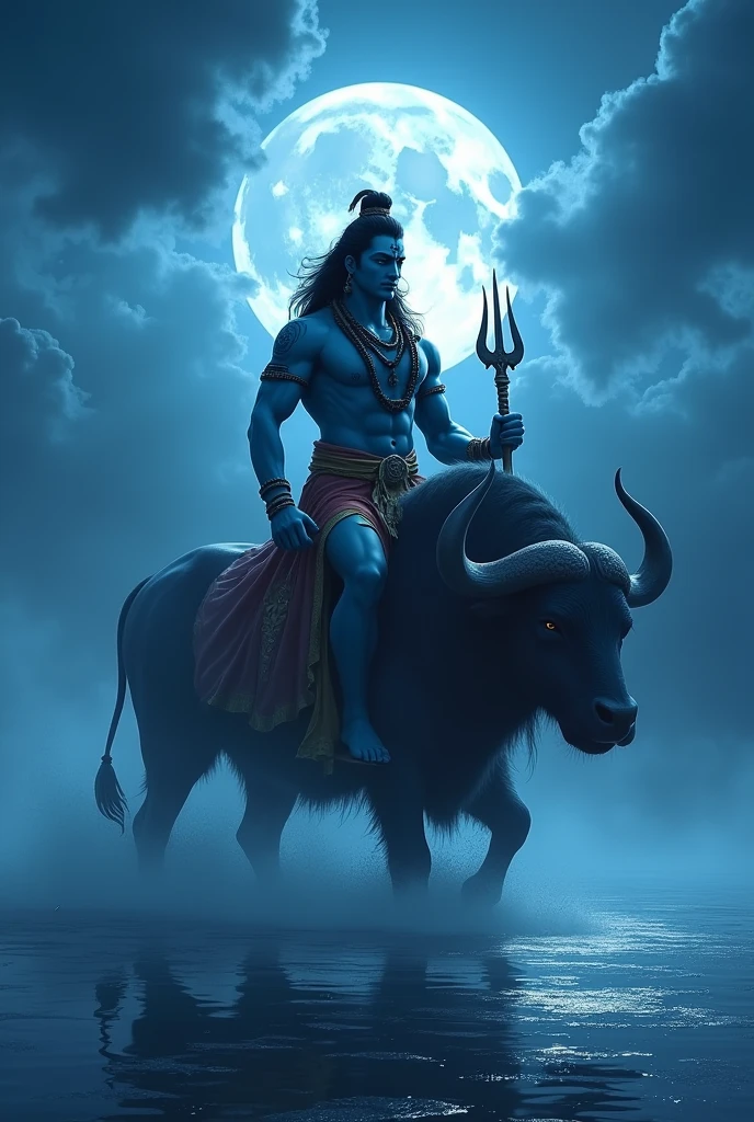 a powerful muscular lord shiva sitting on a giant buffalo nandi, blue tinted night sky with cloudy moon, lord shiva holding trishul, nandi walking on water, fantasy landscape, (best quality,4k,8k,highres,masterpiece:1.2),ultra-detailed,(realistic,photorealistic,photo-realistic:1.37),dramatic lighting,cinematic composition,intricate details,vibrant colors,mystical atmosphere