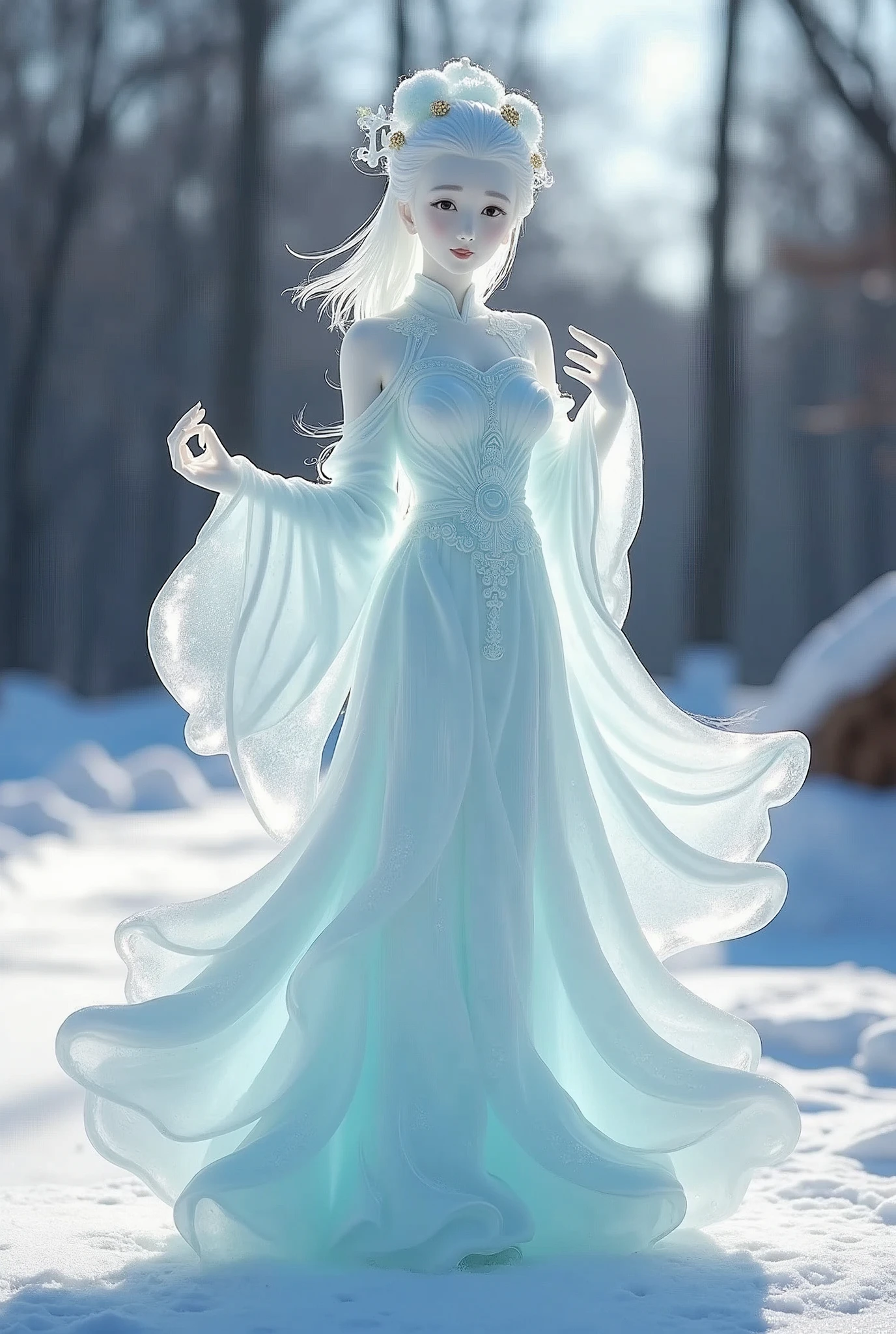 (ice - carving:1.4),Movie Angle,(Fan Bingbing, ice sculpture girl,Anatomically correct,full bodyesbian,Masterpiece ice sculpture camellia,Representative work Hanfu,Smile)