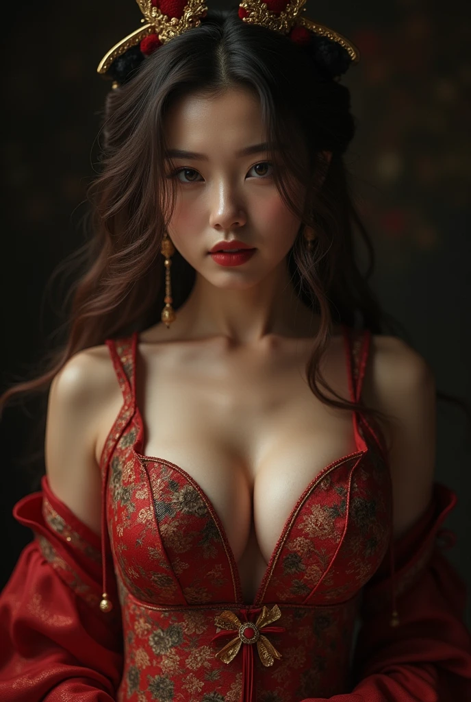A sexy woman in a Chinese Tang Dynasty palace dress, with breasts gathered together, super sexy, super huge breasts squeeze out cleavage, breasts are full and erect, Tang suit style breasts, character portrait, upper body close-up, high quality portrait, fantasy concept art portrait, detailed beautiful portrait, dark, chiaroscuro, low key,
